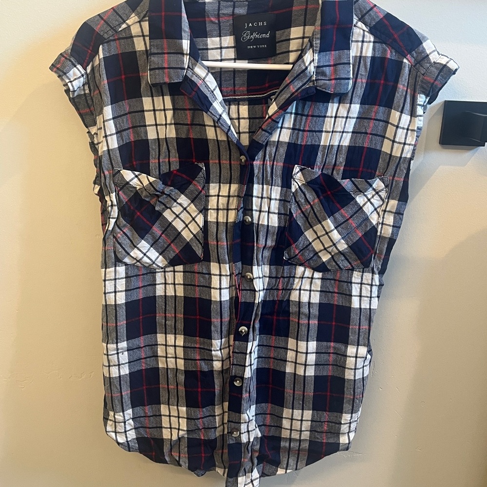 JACHS Girlfriend Navy and Red Plaid Top